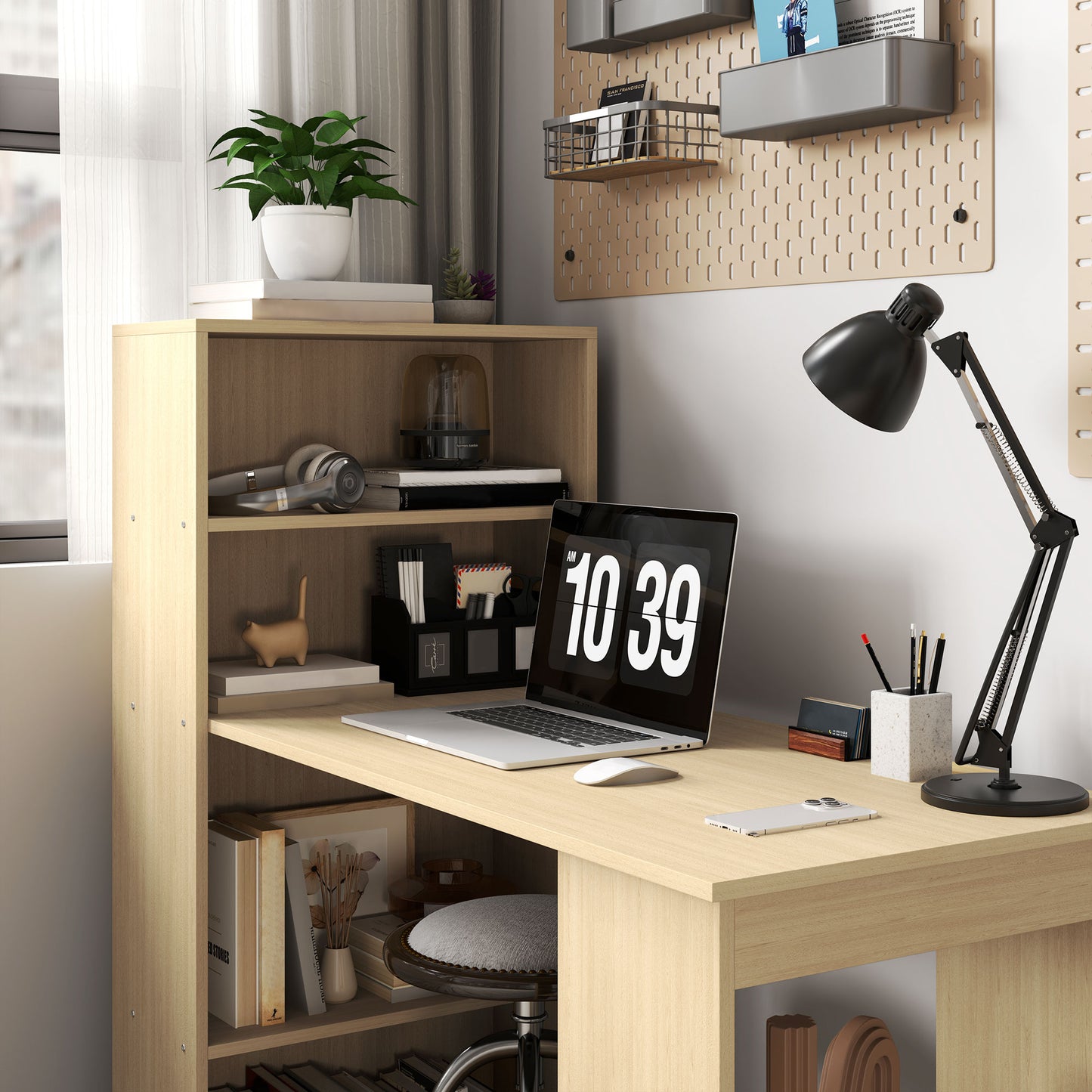 HOMCOM 120cm Modern Computer Desk Bookshelf Study Table Workstation PC Laptop Writing Home Office 6 Shelves, Natural Wood Finish