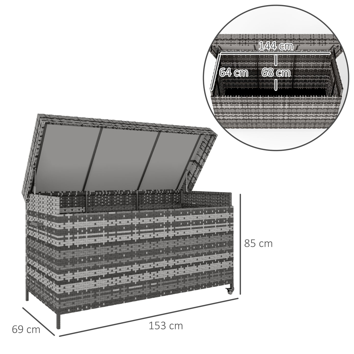 Outsunny 627L Rattan Garden Storage Box, Gas Lift Lid & Wheels, Outdoor Chest for Cushions, Pillows & Tools, Dark Grey