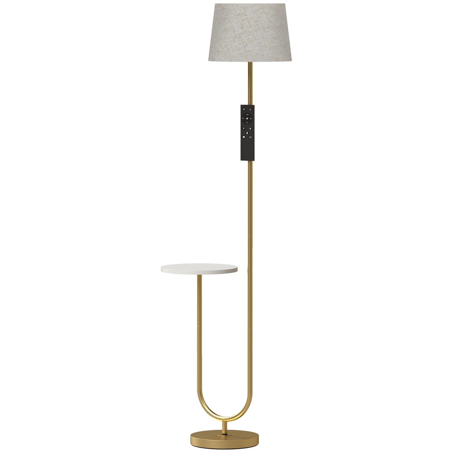 HOMCOM Modern Floor Lamp with Shelf, Dimmable Floor Lamp with Linen Shade, RF Remote and Foot Switch for Living Room, Gold Tone