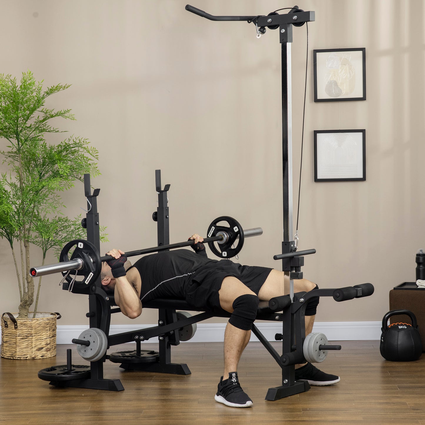 HOMCOM Adjustable Weight Bench with Pulley System, Squat Rack, Leg Developer, Butterfly, Weight Storage for Home Gym Workout, Black.