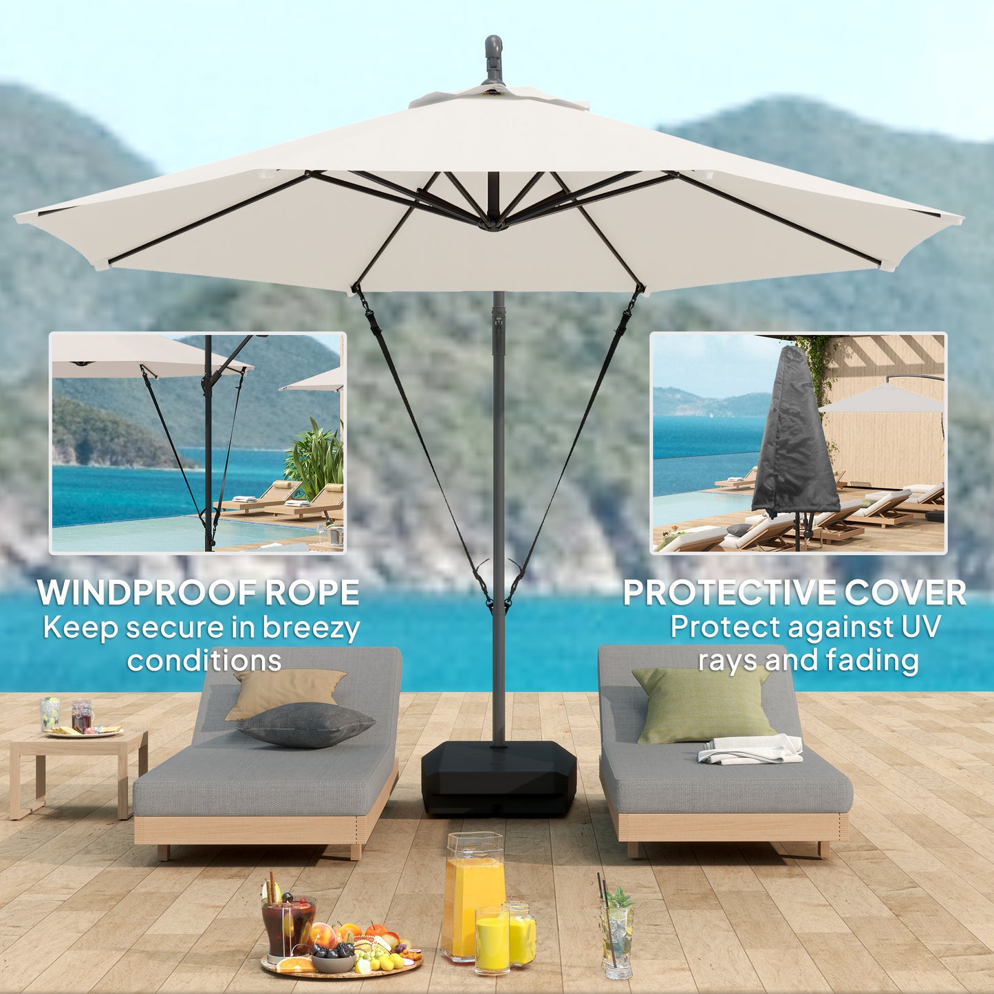 Outsunny Garden Cantilever Parasol with Fillable Base, Wind Strap, Cover, Crank Handle, Tilt, UPF50+, Patio Umbrella, Cream