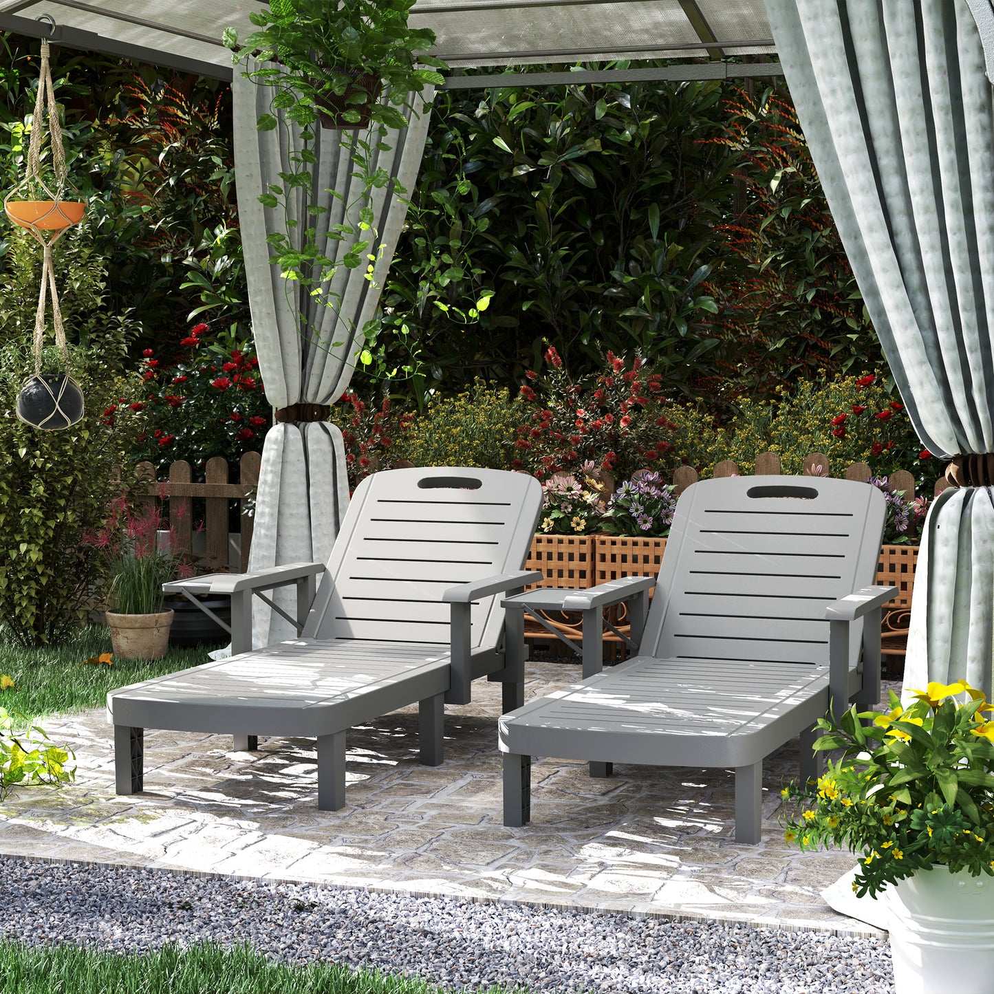 Outsunny Set of 2 Resin Reclining Sun Loungers, 5 Positions Adjustable Chaise Lounge with Armrests, Foldable Side Table, Dark Grey