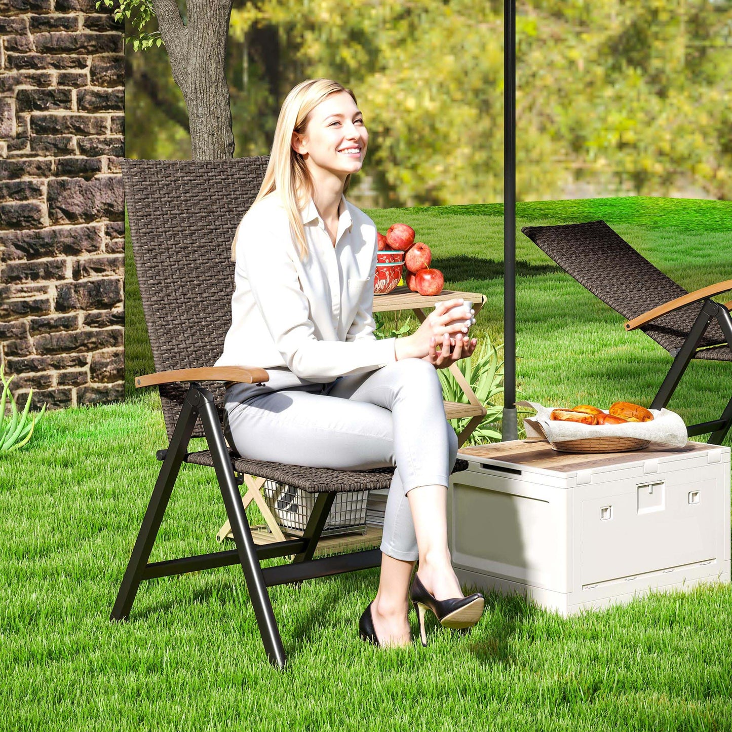 Outsunny Outdoor Foldable Dining Chair with Armrests, High Backrest, for Garden, Camping, Balcony, Porch, Brown