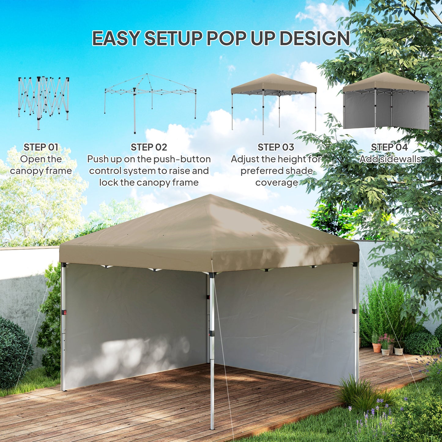 Outsunny 3x3m Pop Up Gazebo, UPF 30+, 2 Sidewalls, Leg Weight Bags & Wheeled Bag, Adjustable, Khaki