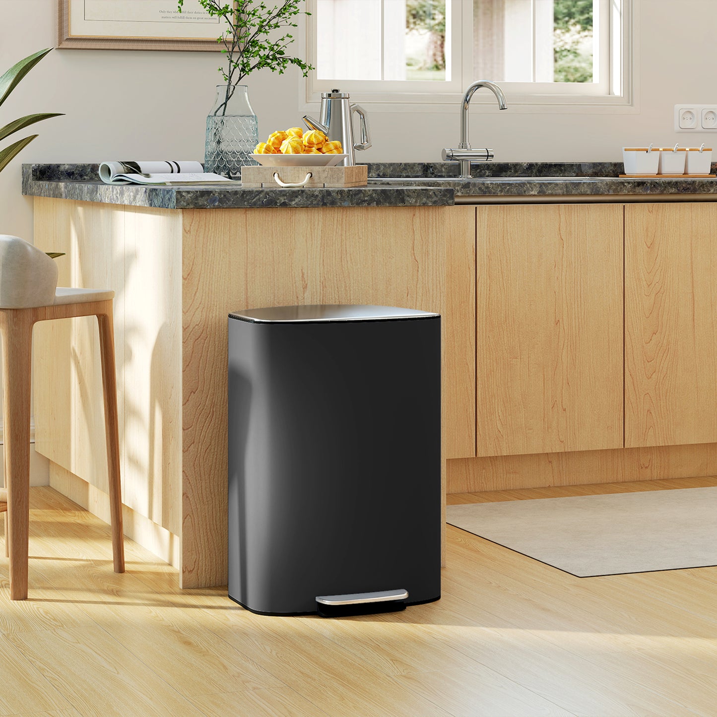 HOMCOM 50L Kitchen Bin with Soft-Close Lid, Stay-Open Function, Removable Inner Bucket, Carry Handle, Stainless Steel Pedal Bin, Black