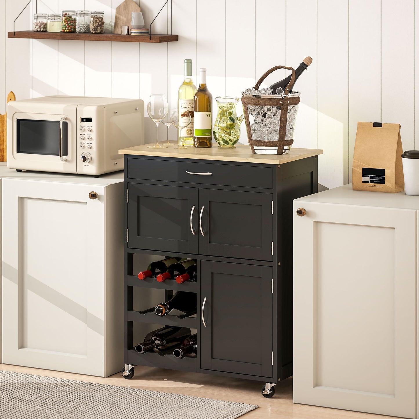 HOMCOM Modern Kitchen Trolley, Rolling Island Storage Cart with Drawer, 9-bottle Wine Rack, Door Cabinets, Black