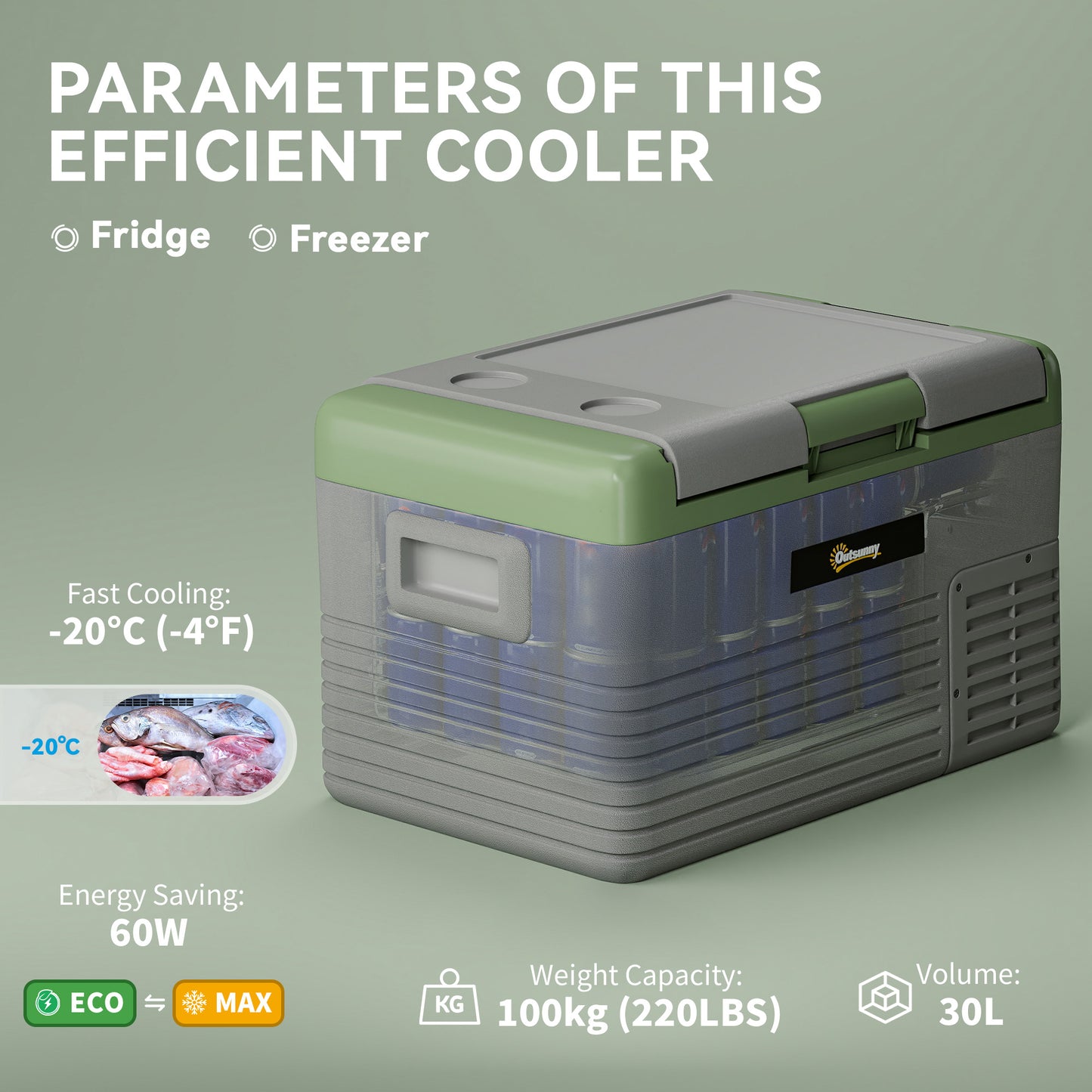 Outsunny 30L Portable Car Refrigerator - Light Green and Grey