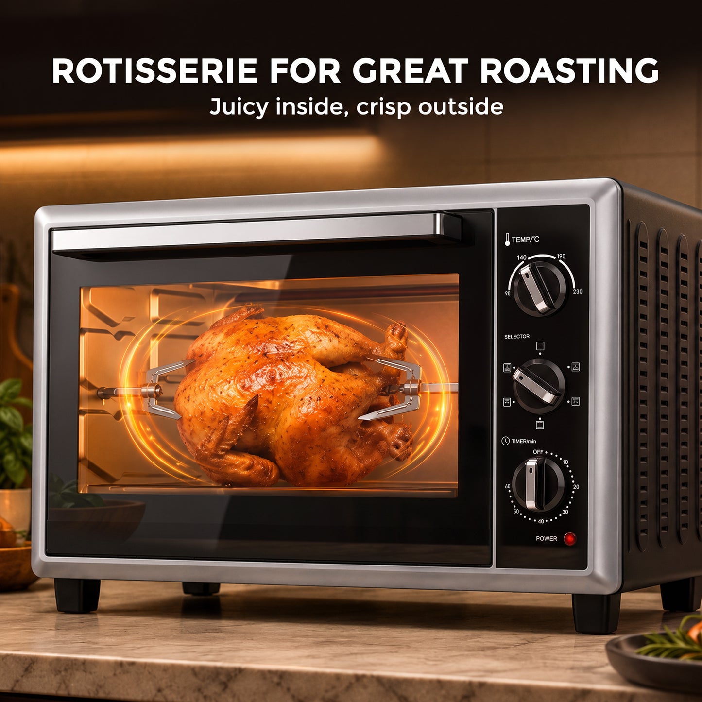 HOMCOM 36L Mini Oven with Convection, Electric Countertop Cooker with Rotisserie, 90–230°C Adjustable Temperature, 1500 W