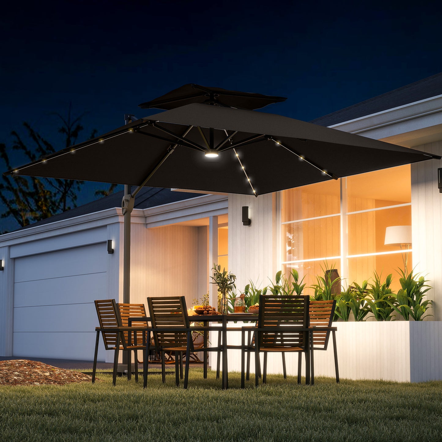 Outsunny Garden Cantilever Parasol w/ Solar LED Lights, Aluminium Patio Umbrella, UPF50+ Shade, Cross Base, Crank & Tilt, 3.5x3 m, Grey