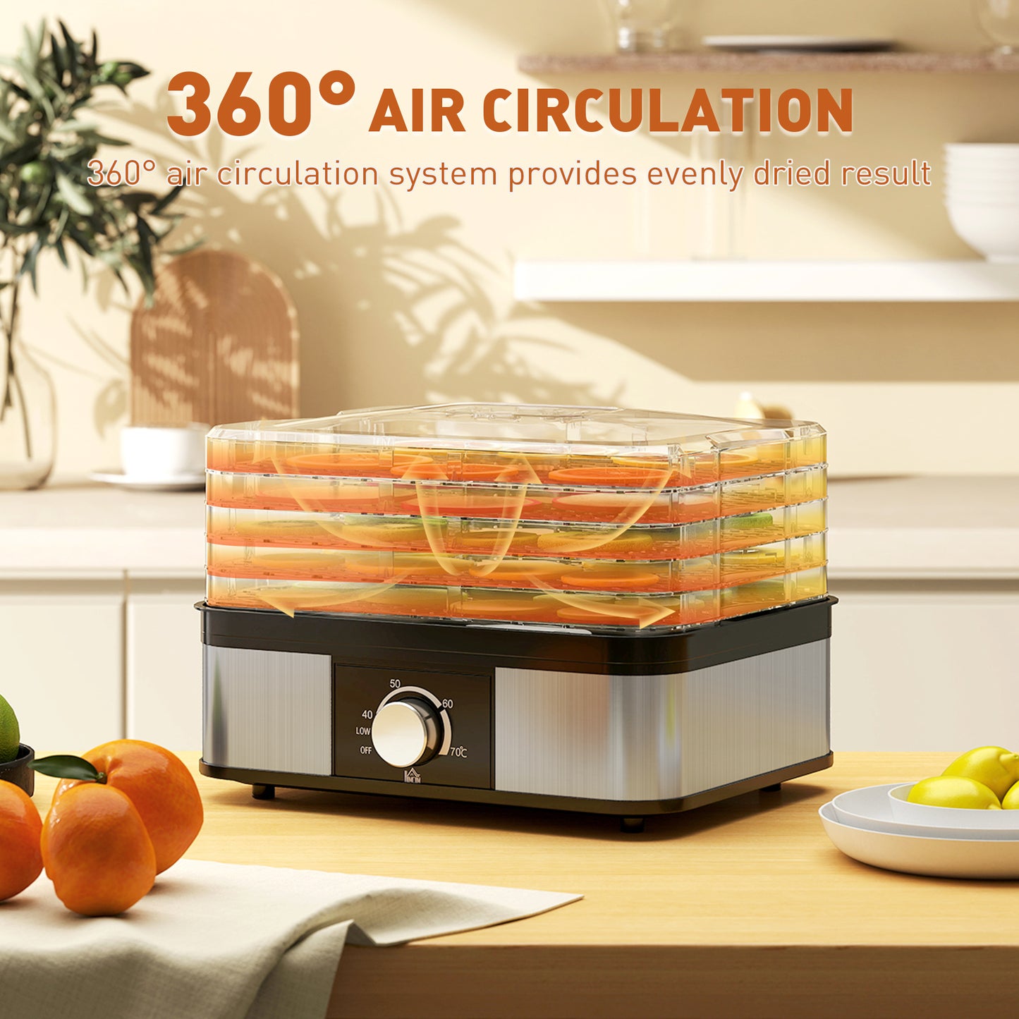 HOMCOM 5 Tier Food Dehydrator, 245W Stainless Steel Dryer with Adjustable Temperature for Fruit, Meat, Vegetables, Jerky & Pet Treats, Black