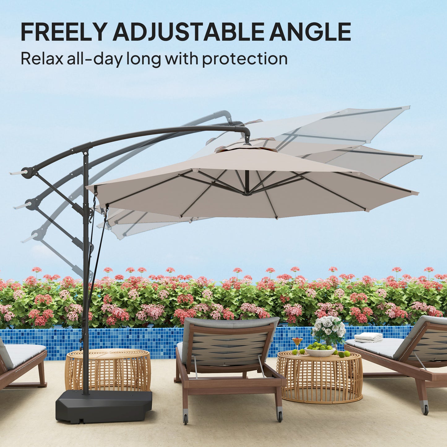 Outsunny Garden Cantilever Parasol with Fillable Base, Wind Strap, Cover, Crank Handle, Tilt, UPF50+, Patio Umbrella, Cream
