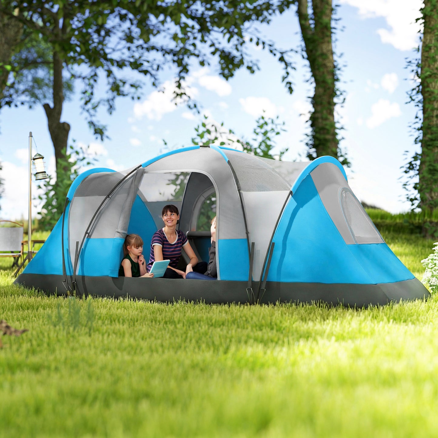 Outsunny 5-6 Man Camping Tent, Tunnel Tent, Water Resistant Hiking Shelter with Groundsheet and Carry Bag, Light Blue