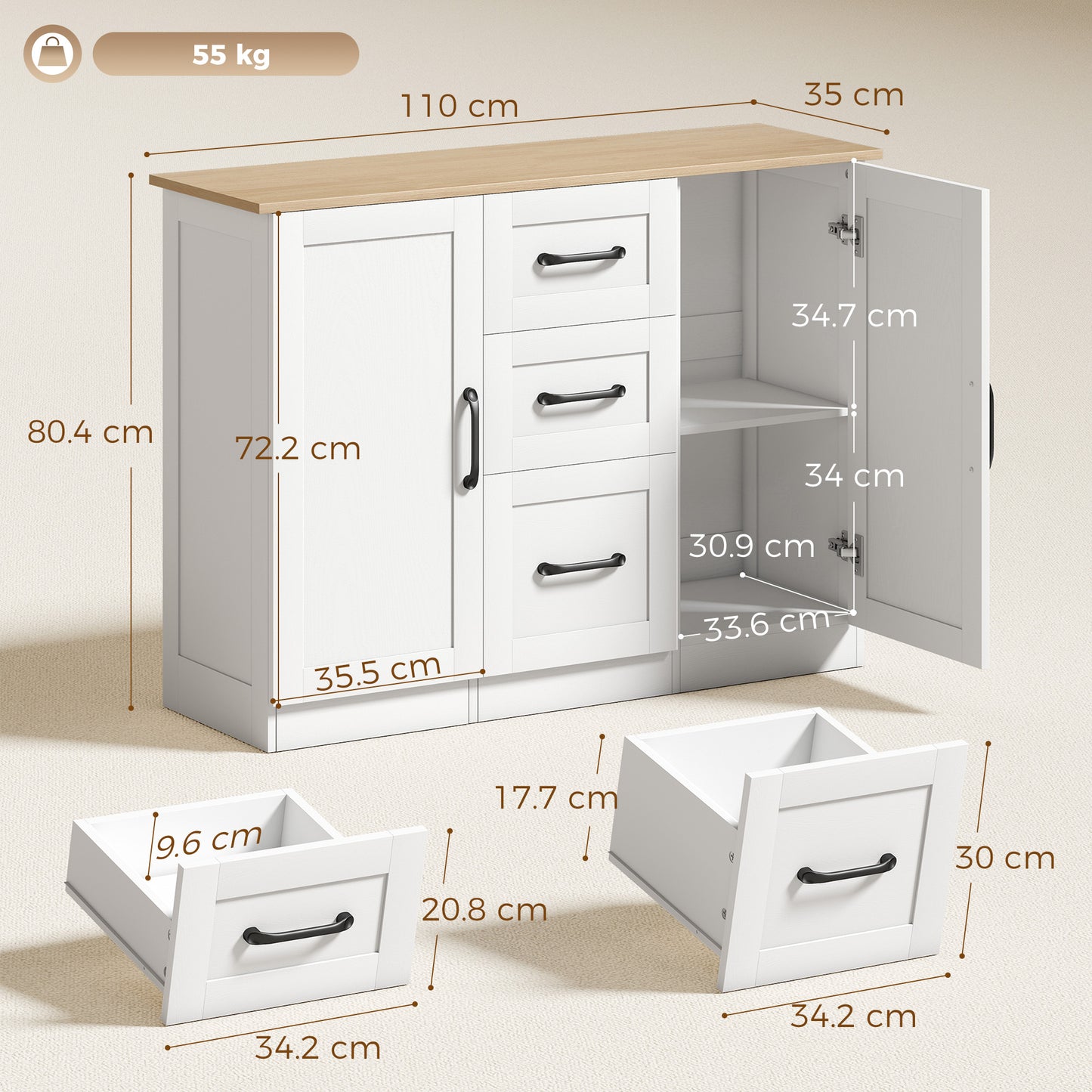 HOMCOM Sideboard Storage Cabinet, Modern 110 cm Buffet Storage Cabinet with 3 Drawers and 2 Soft Close Doors, White