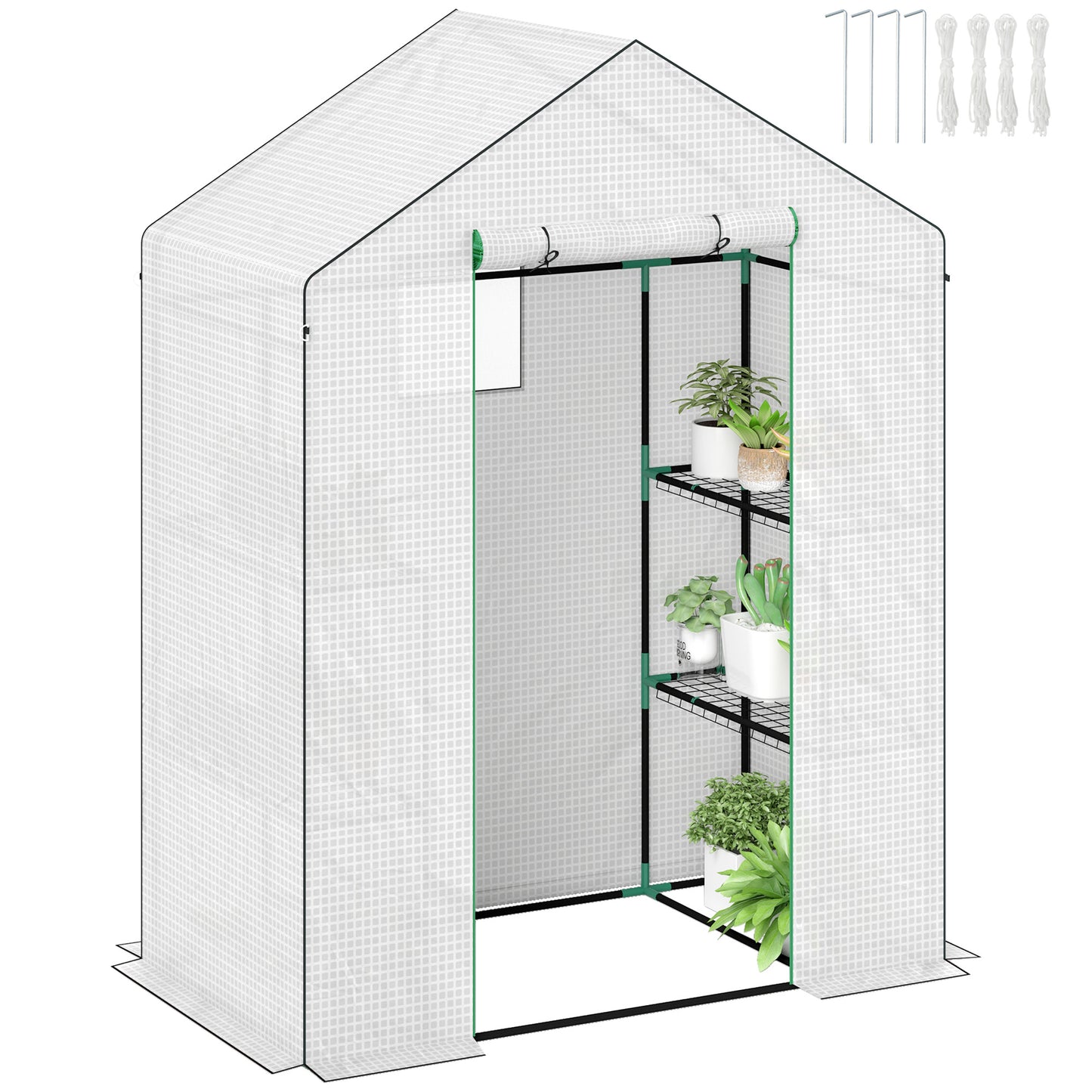 Outsunny Walk-in Greenhouse with 3 Tiers & 4 Shelves, Reinforced PE Cover, Roll-up Door, 143x74x190cm, White