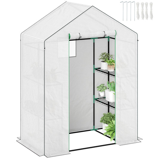 Outsunny Walk-in Greenhouse with 3 Tiers & 4 Shelves, Reinforced PE Cover, Roll-up Door, 143x74x190cm, White