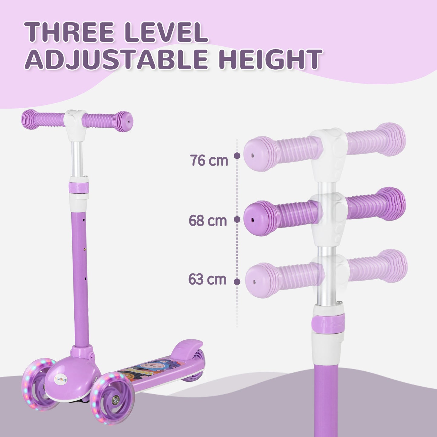 AIYAPLAY Kids 3 Wheel Scooter for 2-6 Years Old w/ Adjustable Height, LED Light, TPE Handlebar, Purple