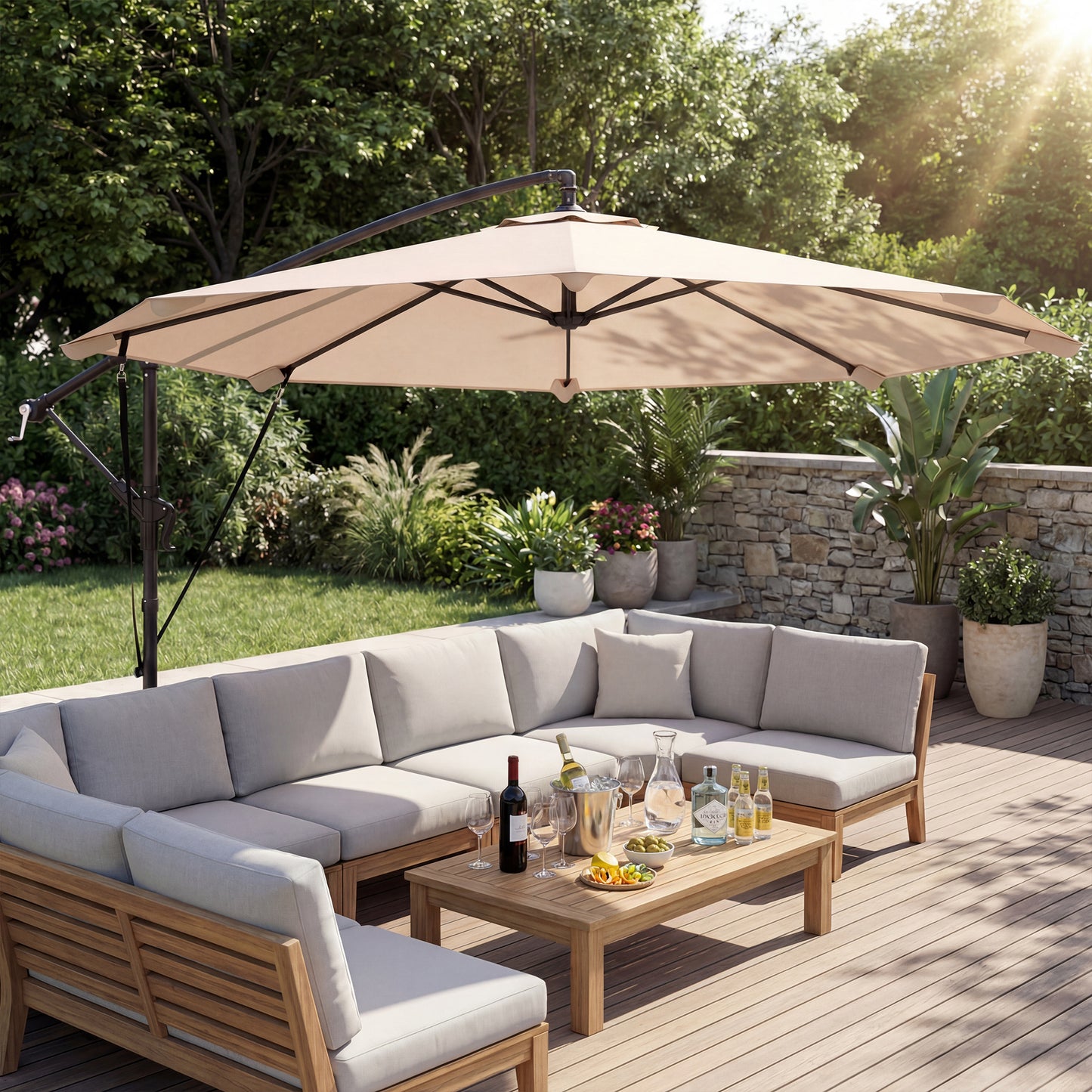 Outsunny 3 m Cantilever Parasol with Protective Cover and Wind Ropes, Banana Parasol with Crank Handle, Khaki