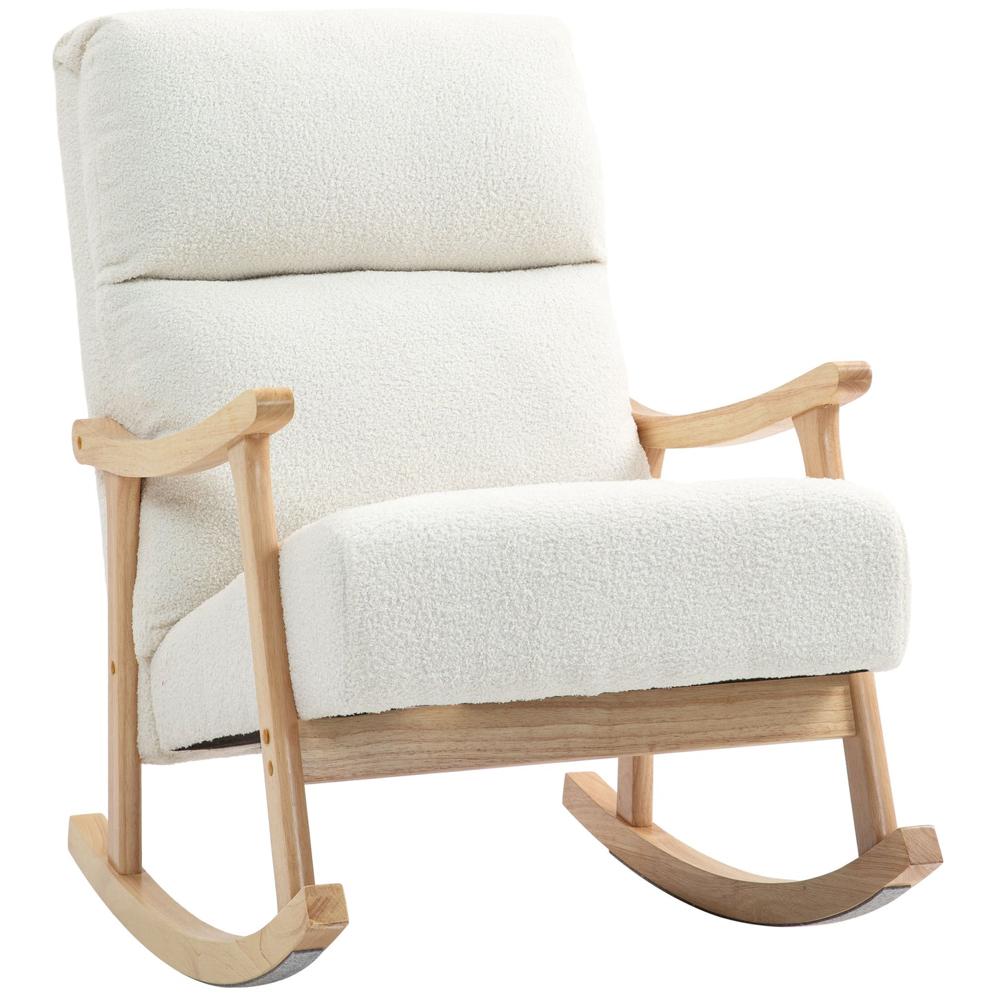 HOMCOM Upholstered Rocking Chair, Teddy Fleece Fabric, High Back, Armrests, Rubberwood Legs, Cream White
