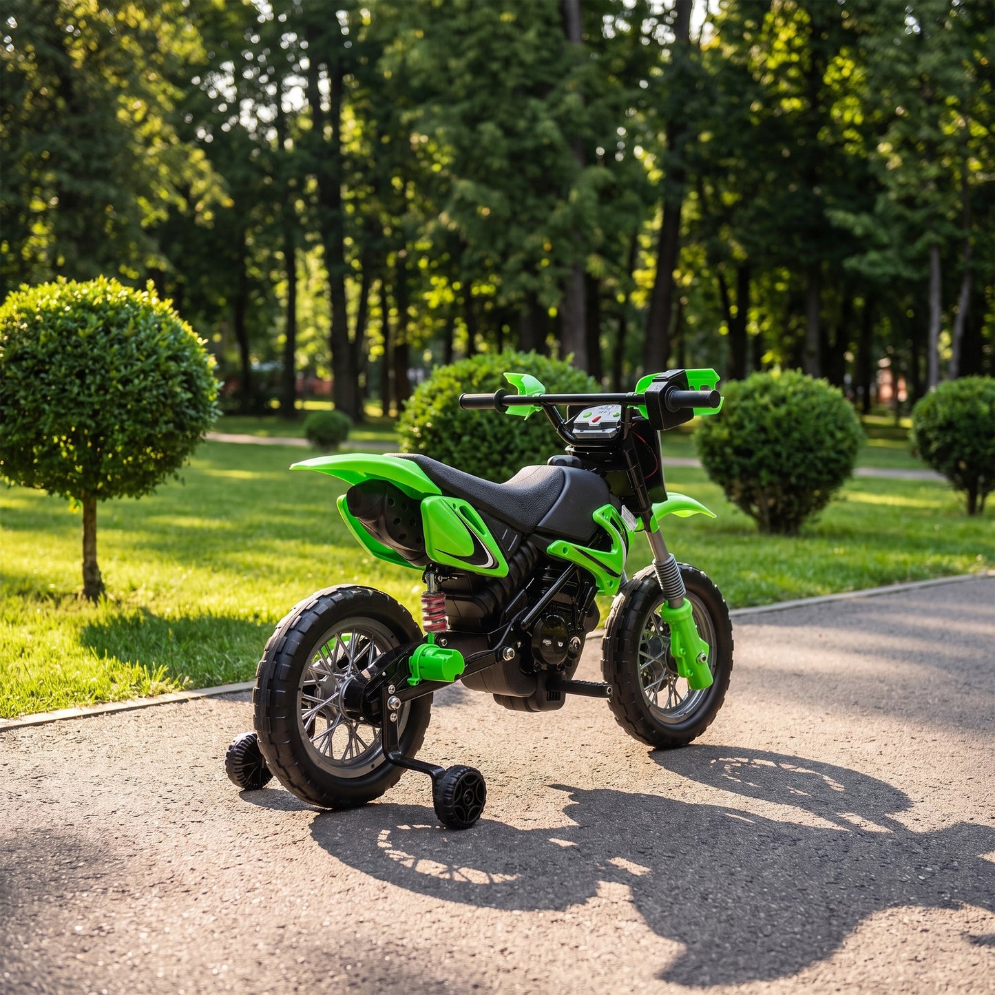AIYAPLAY 12V Kids Electric Motorbike, Ride on Motorcycle with Dual Motors, Training Wheels, Rear Suspension for 3-6 Years, Green