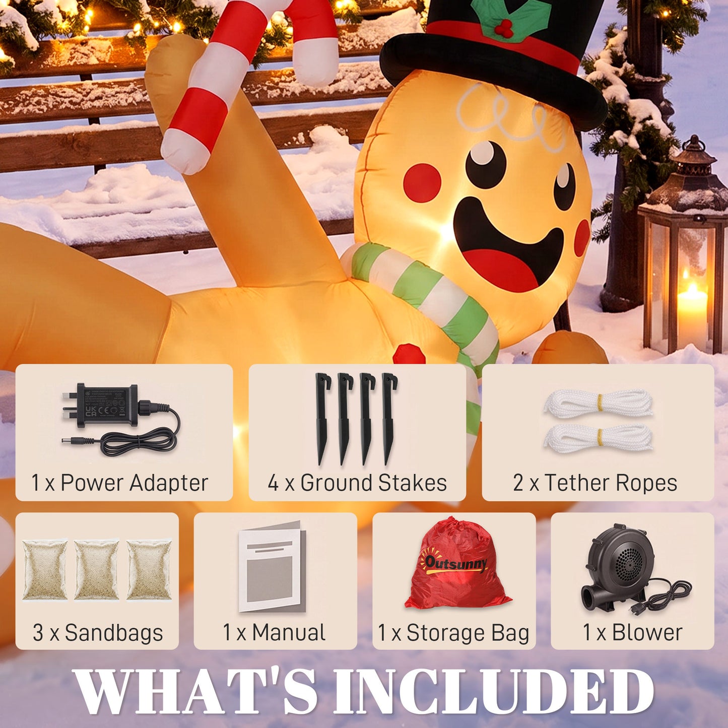 Outsunny 9.8ft Giant Christmas Inflatable Gingerbread Man Side-Lying, Outdoor Blow Up Christmas Decoration with LEDs, Bag
