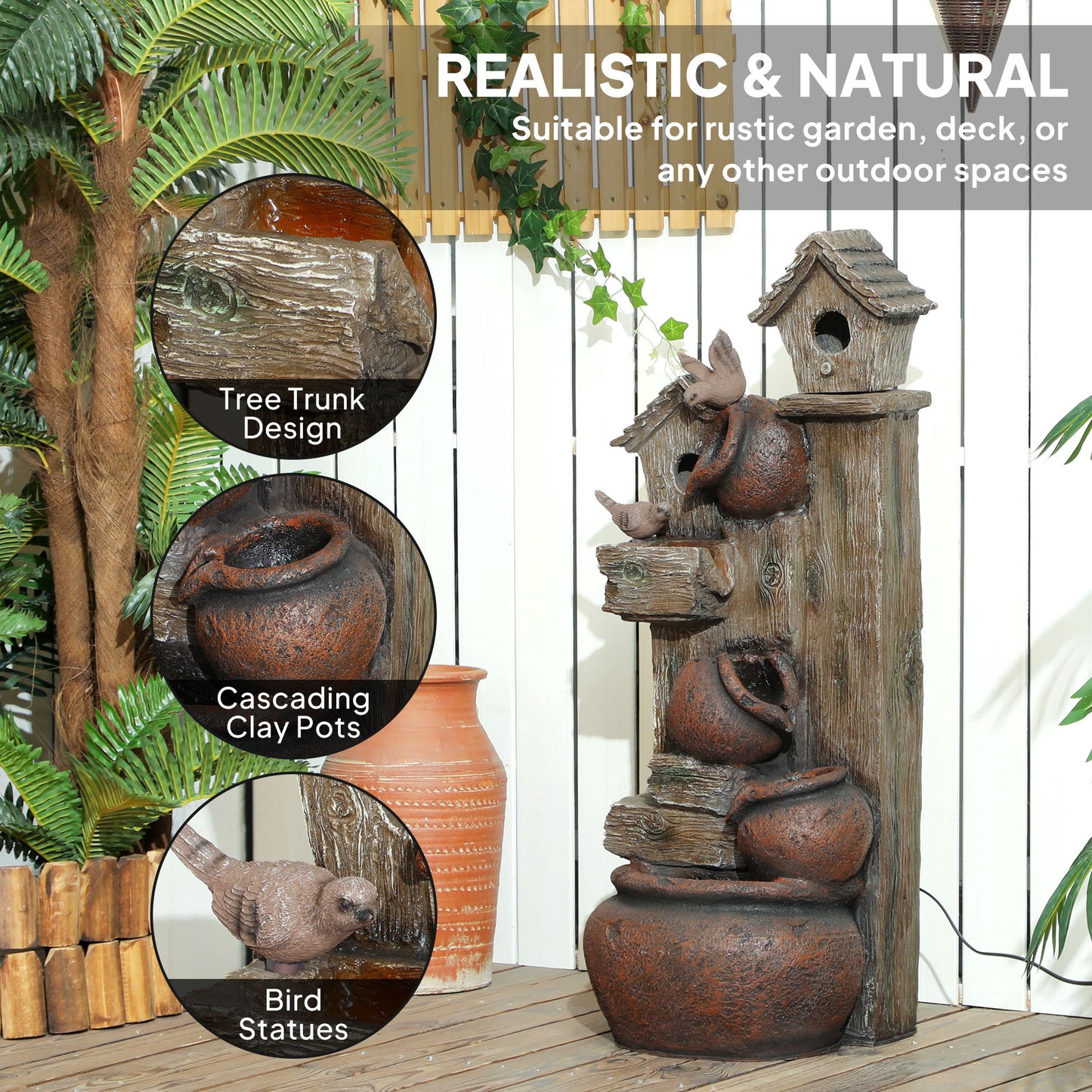 Outsunny 2-in-1 Resin Waterfall Fountain with Birdhouse & LED Lights, Tree Trunk Design, Cascading Water Feature, Multi-colour