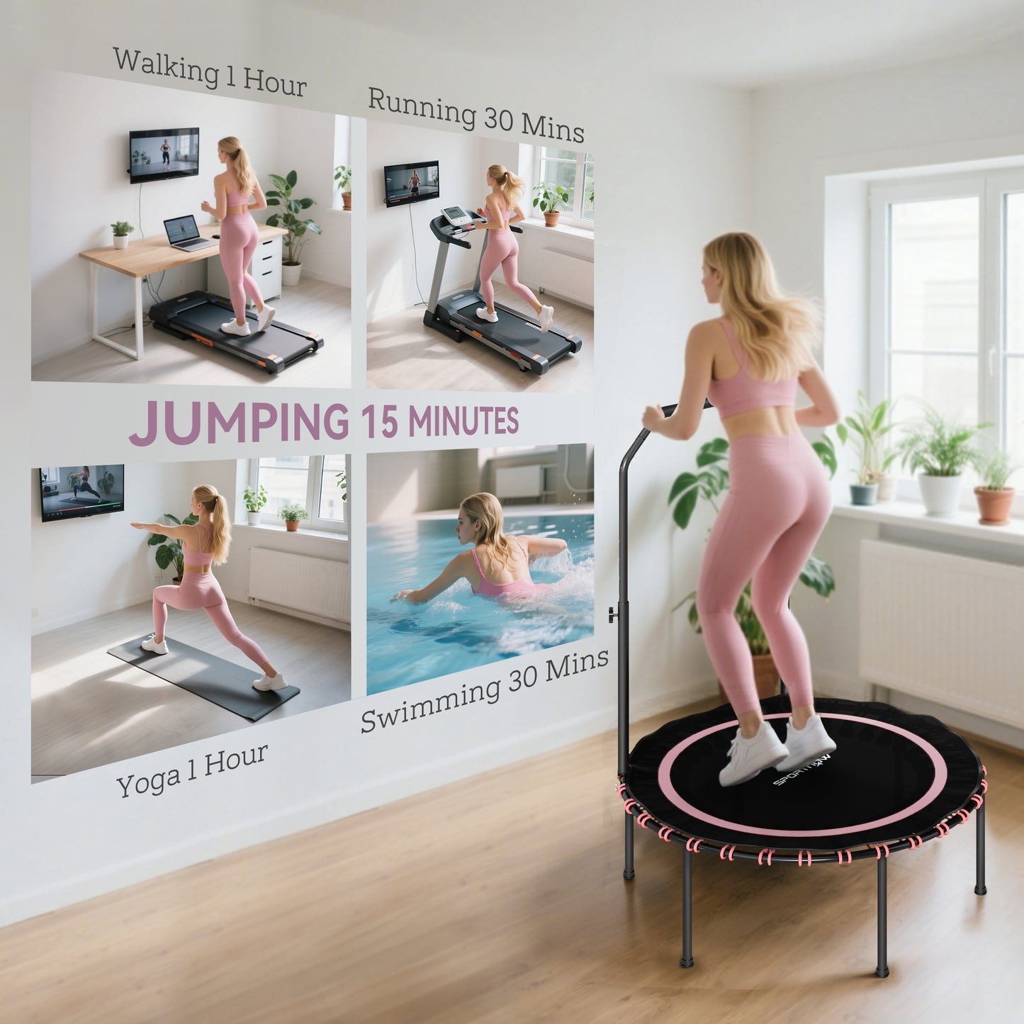 SPORTNOW 40'' Foldable Fitness Trampoline, Mini Bungee Rebounder with 5-Level Adjustable Handle for Adults, Indoor/Outdoor Exercise, Pink
