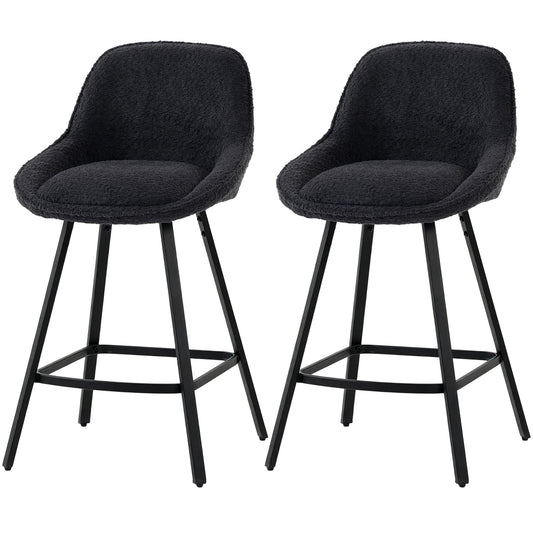 HOMCOM Bar Stools Set of 2, 64 cm Modern Linen-Touch Fabric 360° Swivel Counter Height Bar Chairs, Black