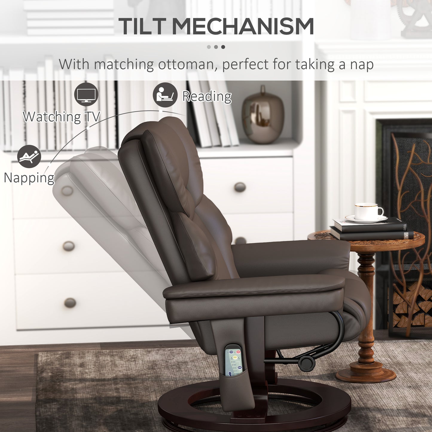 HOMCOM Massage Recliner Chair with Footstool, Upholstered Armchair, Adjustable Backrest, Swivel Steel Frame, Wood Base for Living Room, Brown