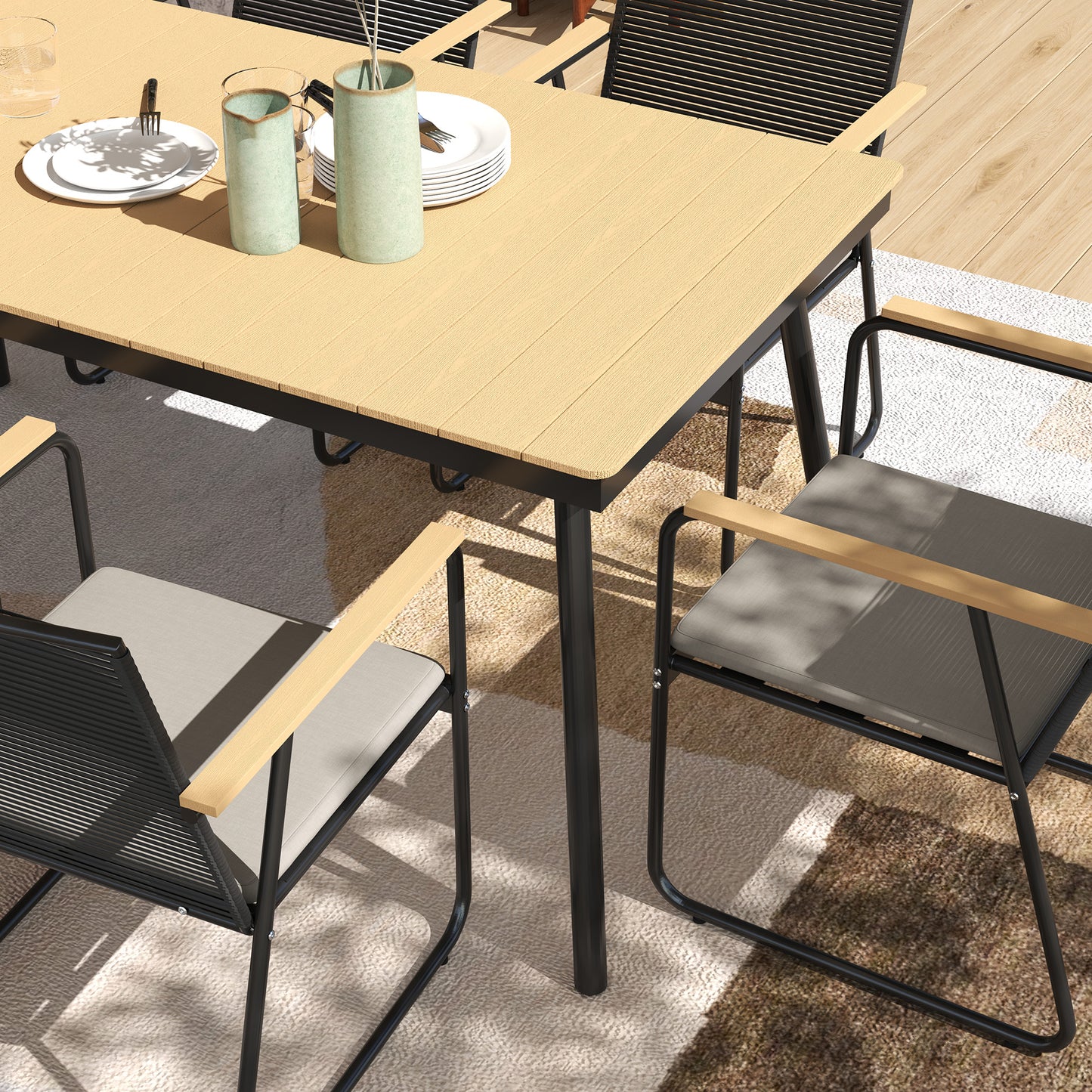 Outsunny 6 Seater Garden Dining Set, Rattan Backrest, Plastic Top, Soft Cushions, for Patio, Balcony, Poolside, Nature Wood Finish