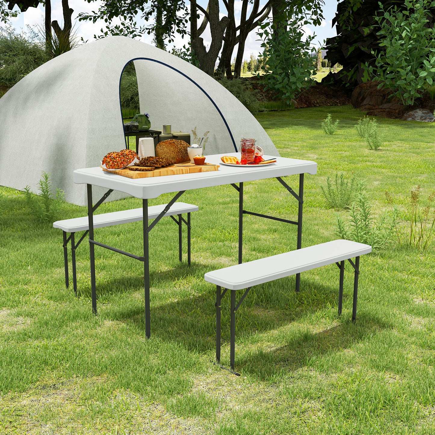 Outsunny 3 Piece Folding Picnic Table & Bench Set, Portable HDPE with Carry Handle for Indoor/Outdoor, Light Grey