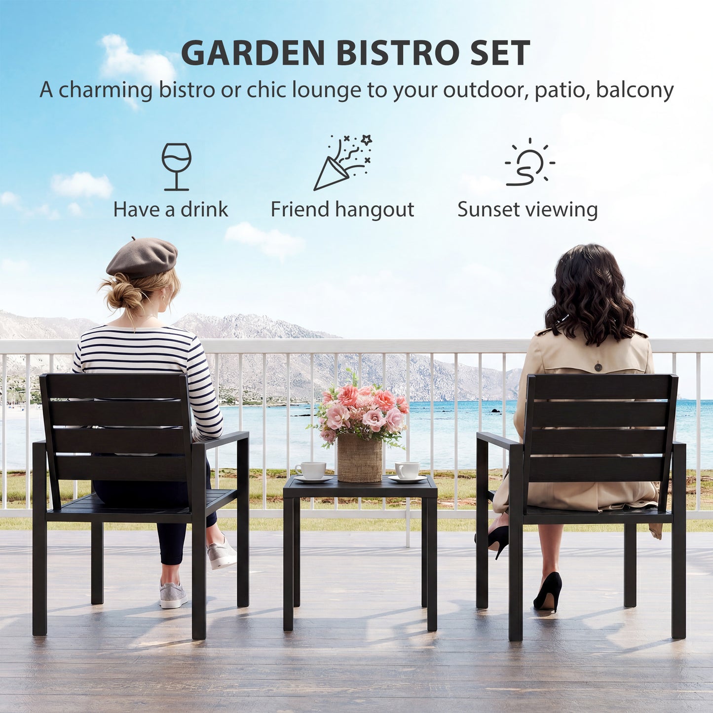 Outsunny 3 Pieces Garden Bistro Set for 2, Outdoor Bistro Table and Chairs with Metal Frame