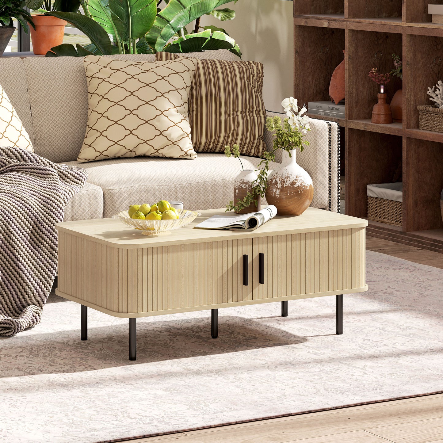 HOMCOM Coffee Table with Storage, Living Room Table with Slatted Tambour Sliding Doors and Foot Pads