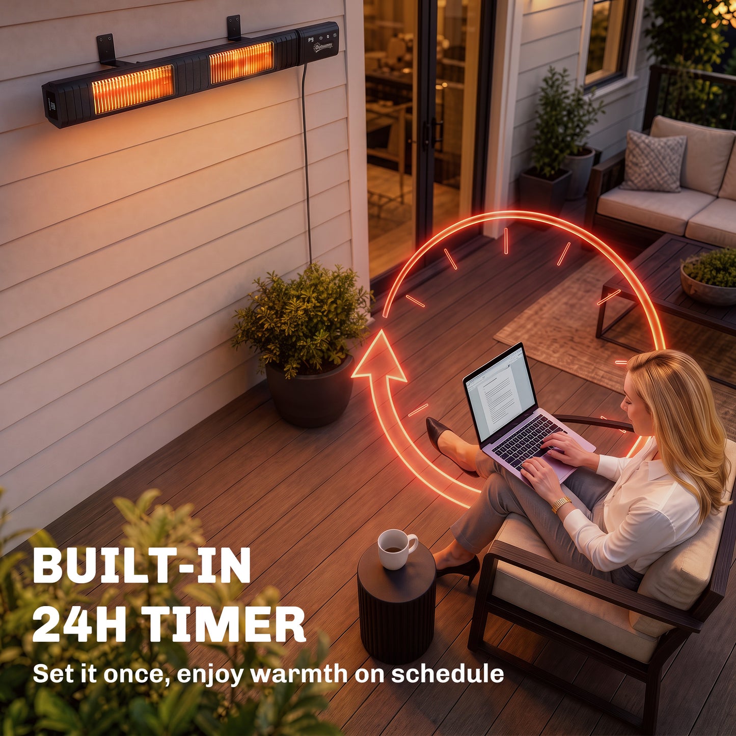 Outsunny 3000 W Electric Infrared Patio Heater, Wall Mounted IP65 Garden Heater with 9 Heat Settings, 24 H Timer, Black