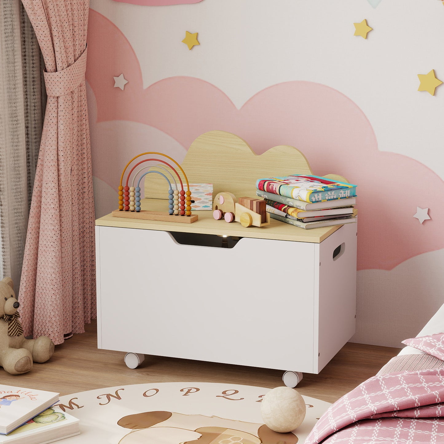 AIYAPLAY Toy Box with Lid, Toy Chest with Wheels and Safety Hinges, Toddler Storage Organiser for Playroom, Bedroom, White