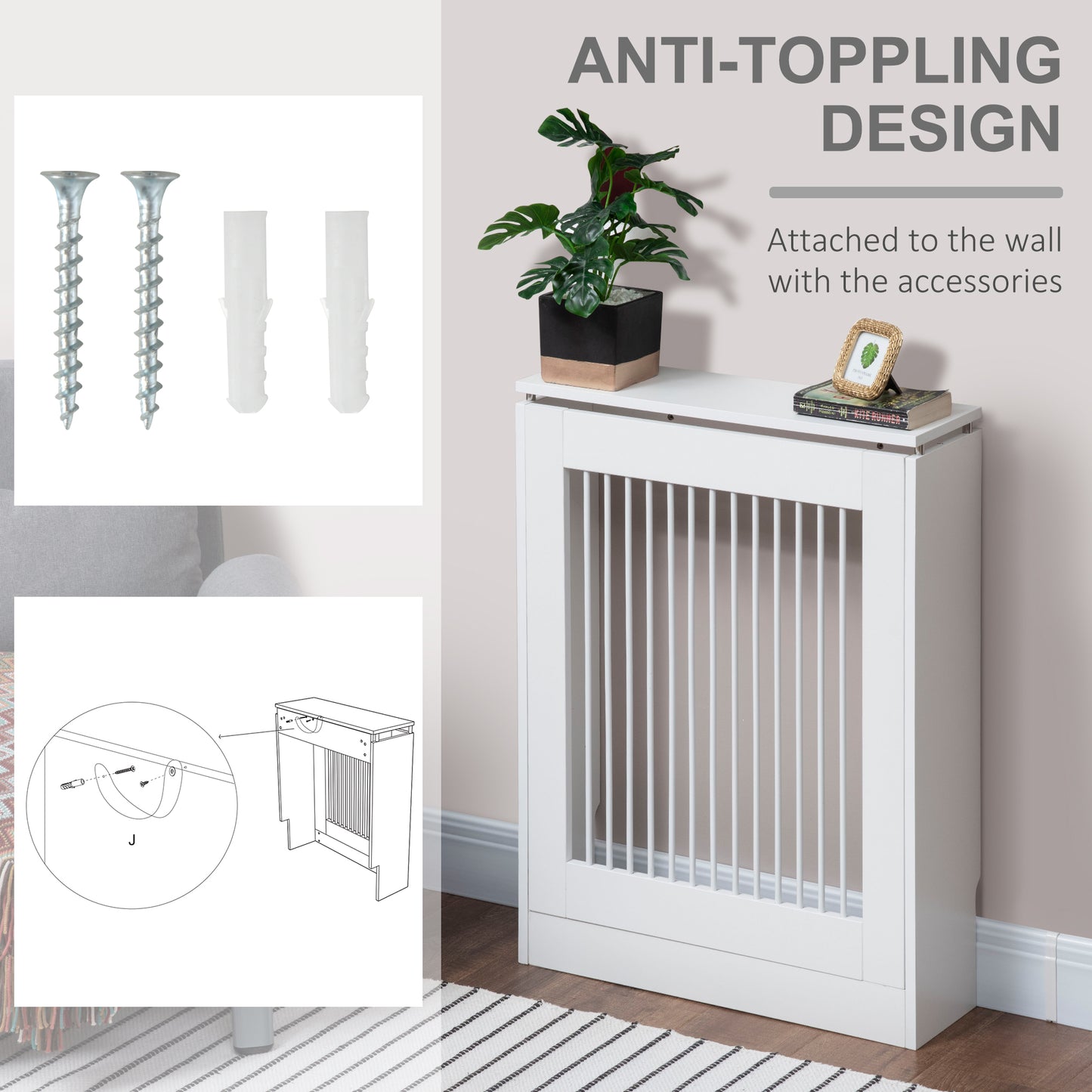 HOMCOM Radiator Cover Vertical Slatted Grille Heater Cover Top Shelf MDF Steel for Heat Circulation 60 x 18 x 84 cm White