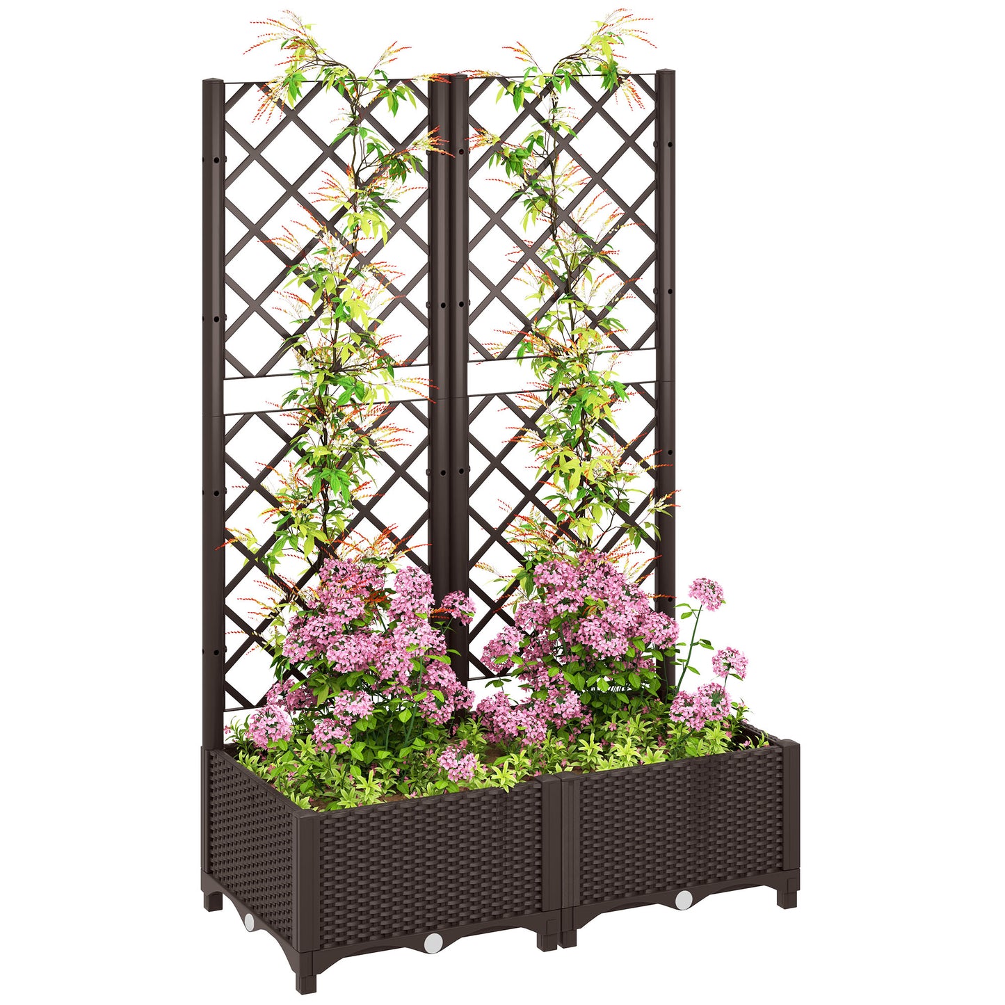 Outsunny Raised Garden Bed with Trellis, Plastic Planter Box with Drainage Holes 2 wide Brown