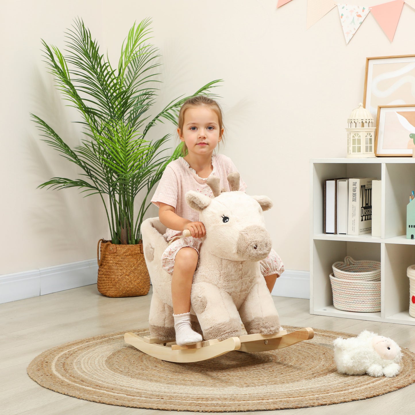 AIYAPLAY Rocking Horse, Stable Plush Ride on Horse Giraffe Design with Music, Security Belt, Baby Toy Rocker for 1-3 Years, Beige