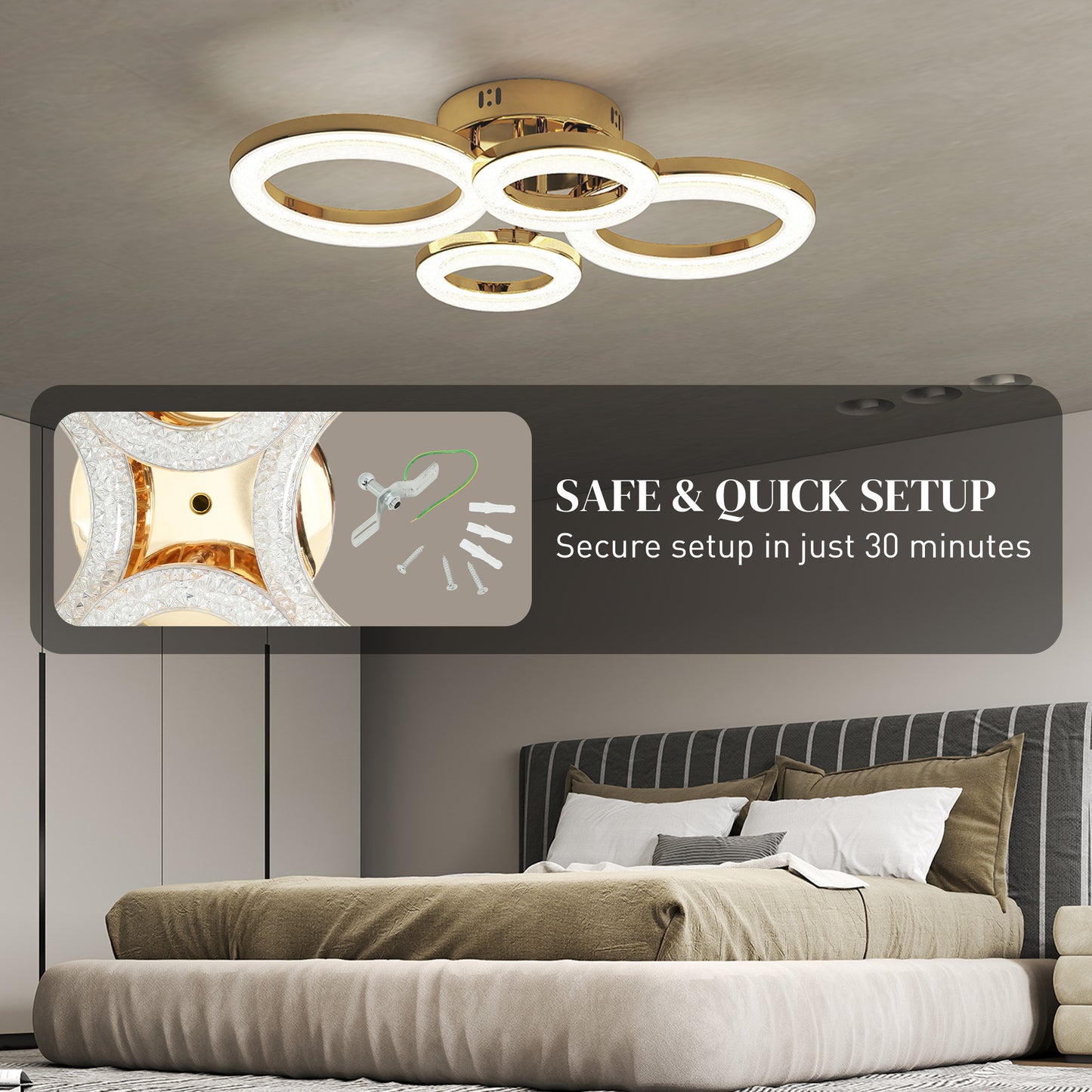 HOMCOM LED Ceiling Light, Modern 4 Rings, 40W 4350lm, Wall Switch Control, 3500K/4500K/6000K for Living Room, Bedroom, Gold Tone