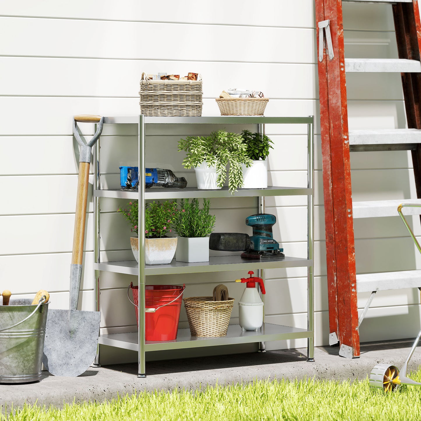 HOMCOM 4-Tier Bakers Rack, Stainless Steel Microwave Stand with Adjustable Shelves for Kitchen Storage, Small Spaces, Silver Tone