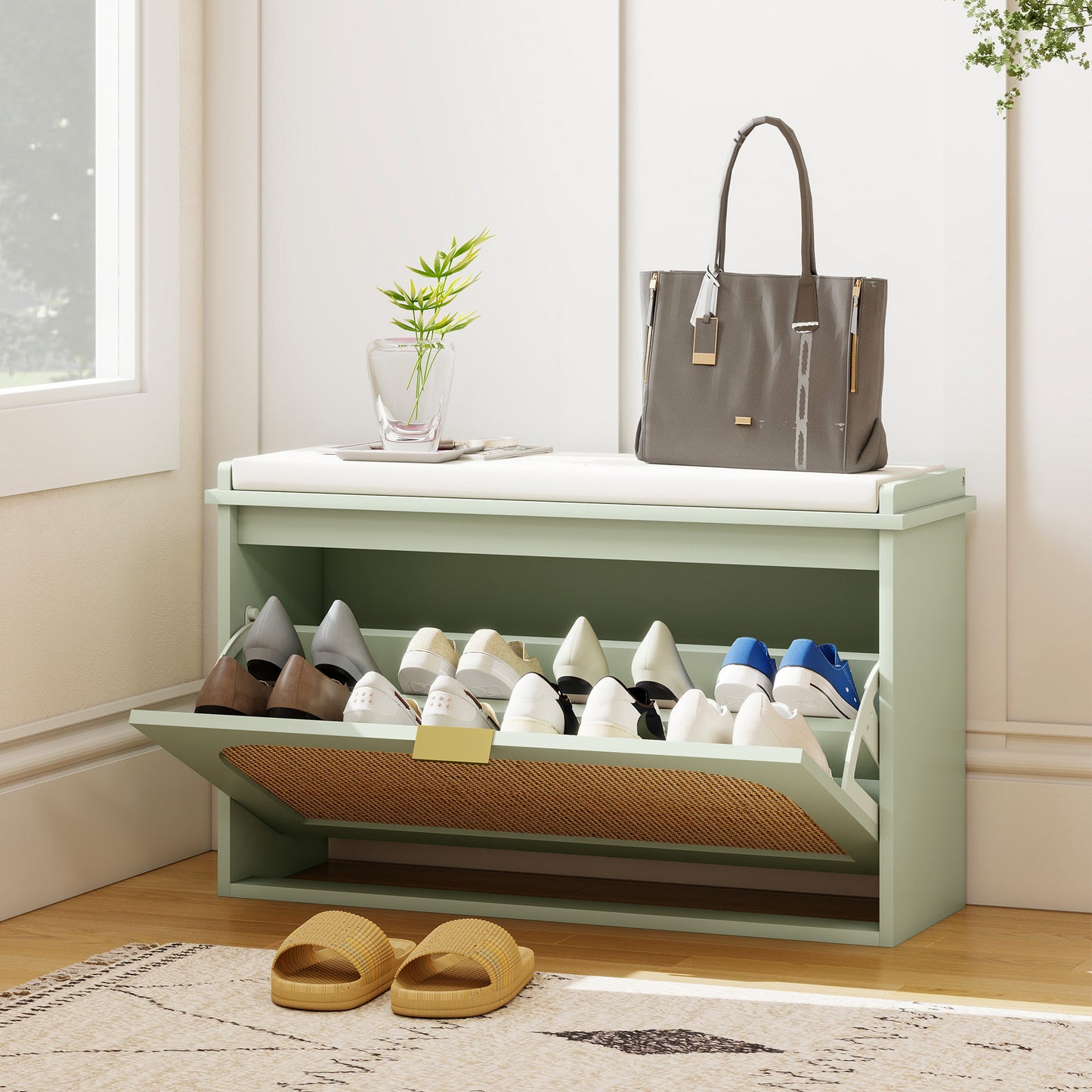 HOMCOM Boho Shoe Bench with Padded Seat and Flip-Drawer - Light Green