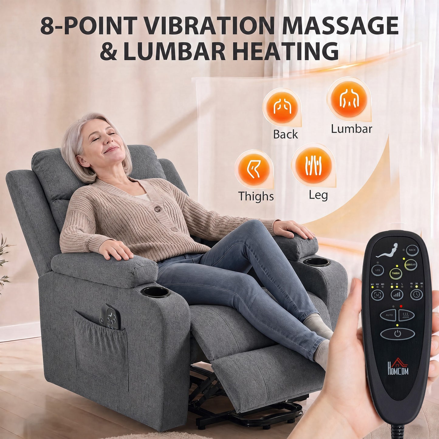 HOMCOM Riser Recliner Chair with Massage and Heat, Linen Electric Lift Armchair for Elderly with Spring Cushion, Dark Grey