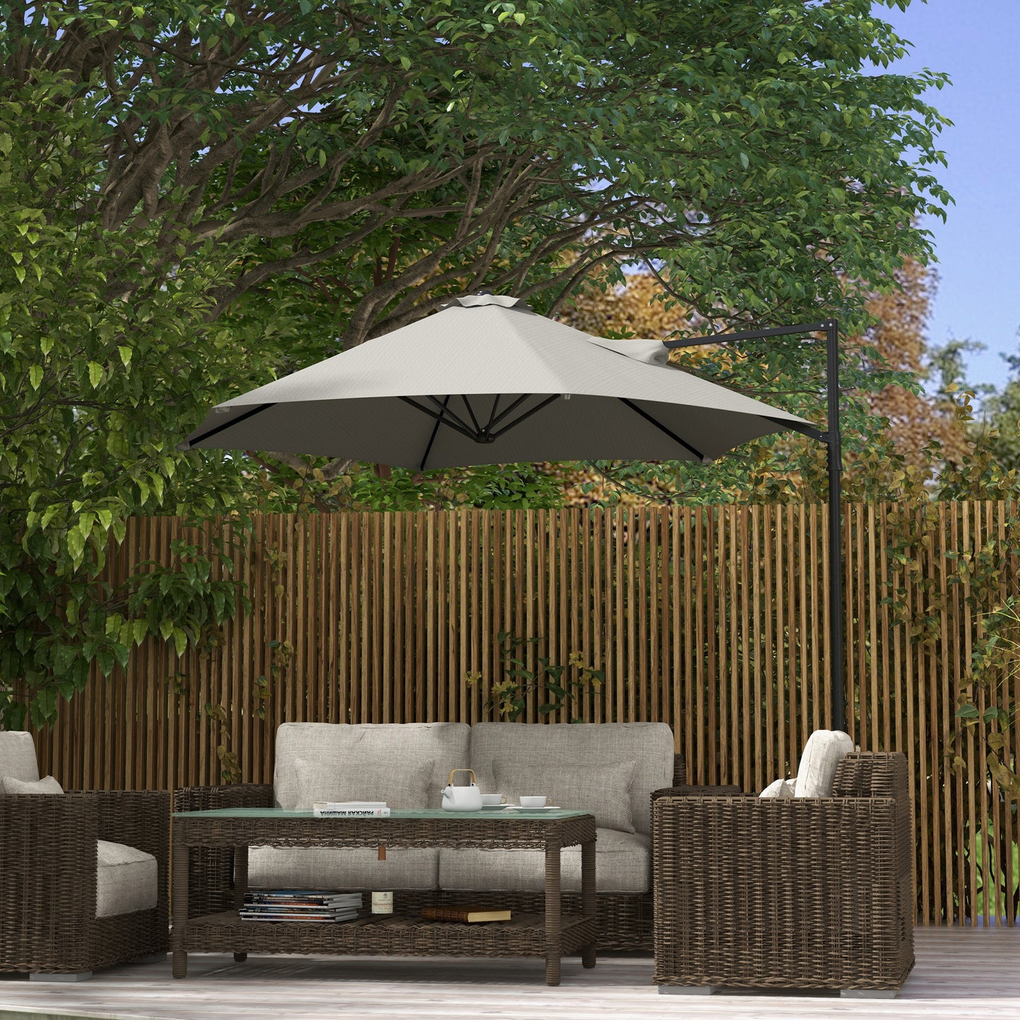 Outsunny 2.5M Garden Cantilever Parasol, Offset Roma Patio Umbrella Hanging Sun Shade Canopy Shelter with 360° Rotation and Cross Base, Light Grey