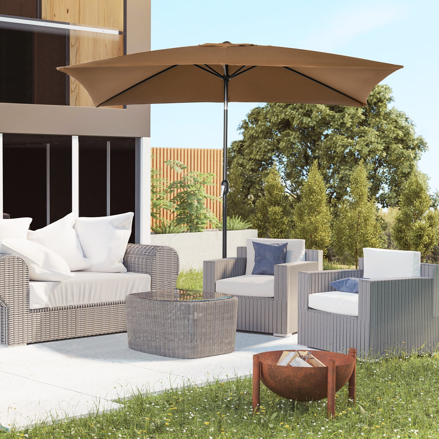 Outsunny 3x2m Garden Parasol Umbrella Outdoor Sun Shade Canopy with Tilt and Crank Aluminium Frame Rectangular Brown