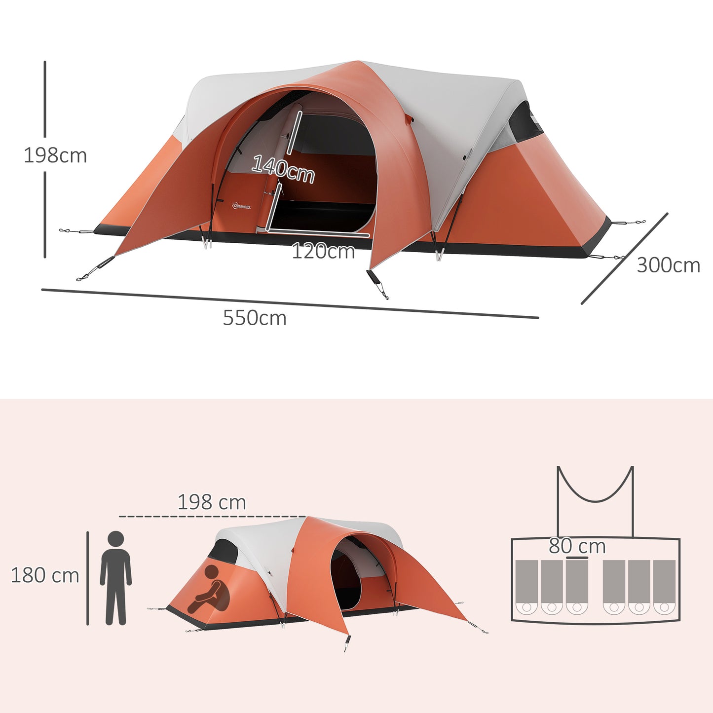 Outsunny 3000mm Waterproof Camping Tent for 5-6 Man Orange