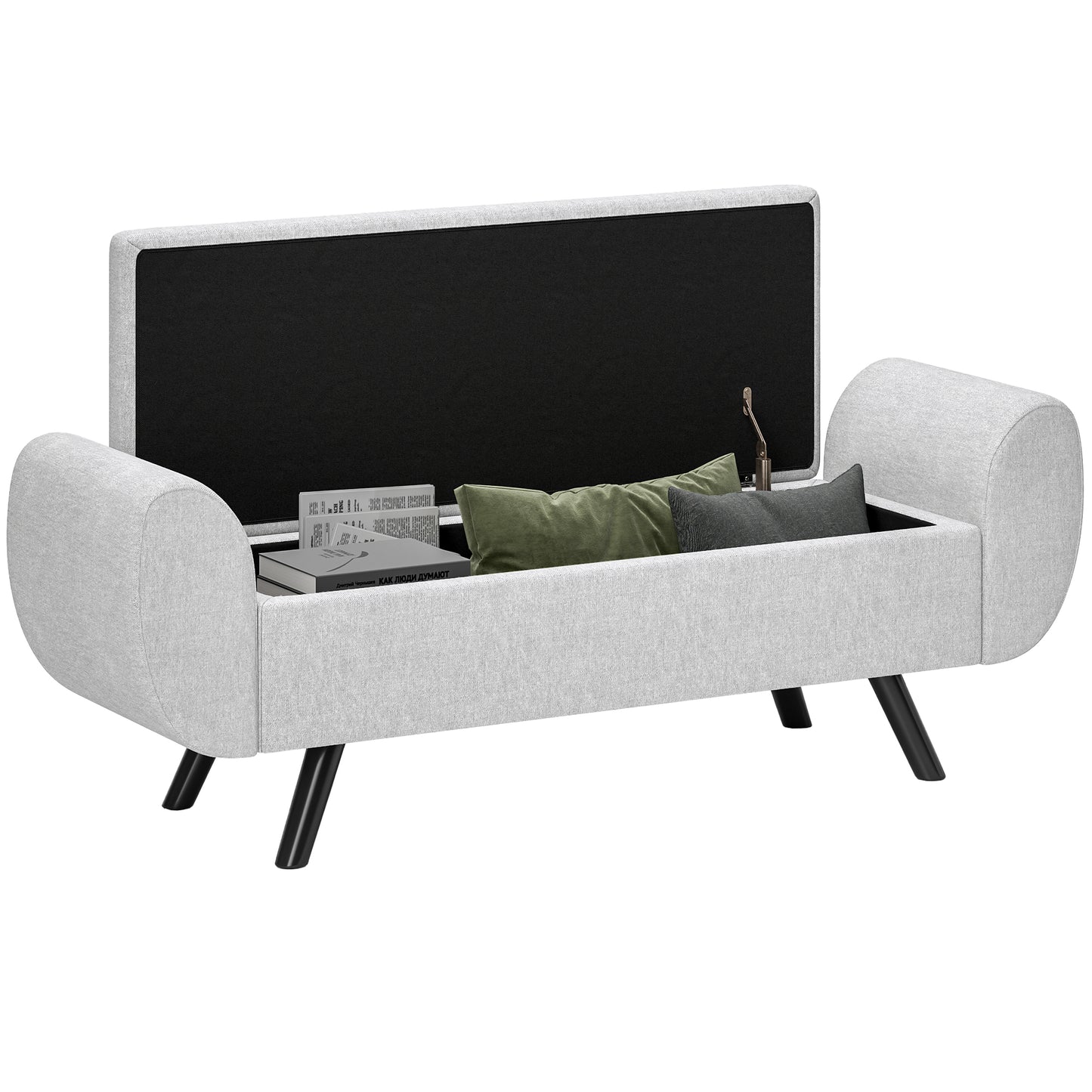 HOMCOM Storage Ottoman with Armrest, Upholstered Linen Bench, Rubberwood Legs, Footstool for Bedroom, Living Room, Hallway, Light Grey