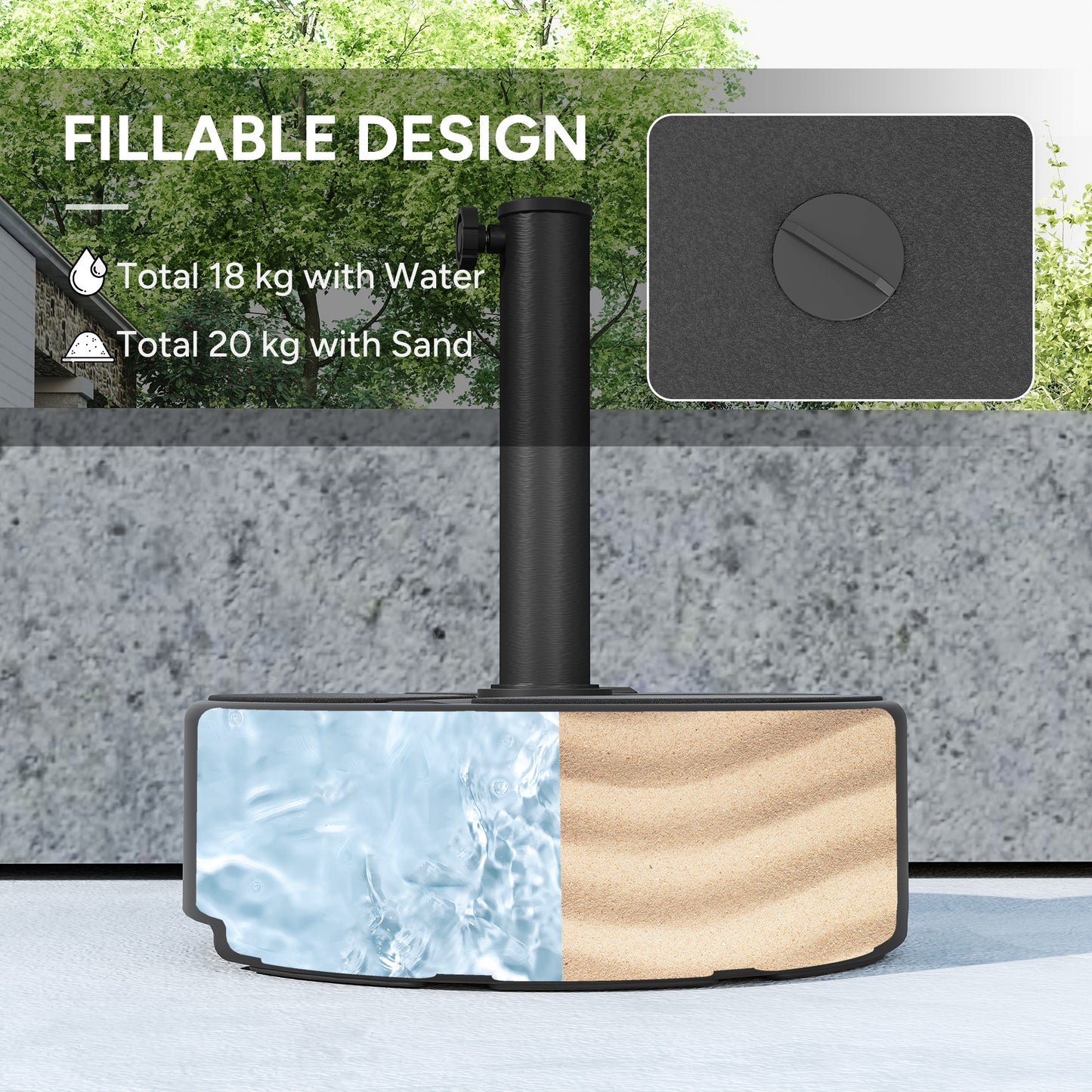 Outsunny Round Garden Parasol Base, Heavy Duty, Holds 20kg with Sand/18kg with Water, Black