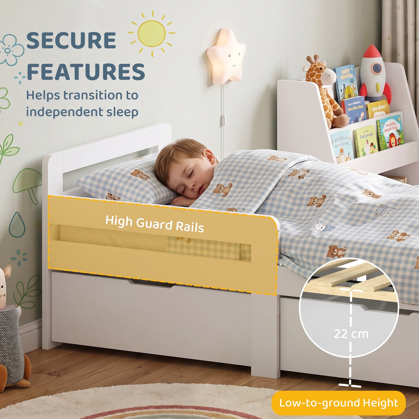 AIYAPLAY Wooden Kids Bed Frame with 2 Storage Drawers and Guard Rails for Ages 4-14, 144 x 76 x 57 cm (No Mattress), White