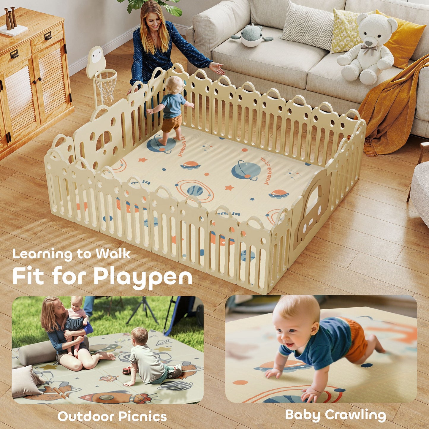 AIYAPLAY Baby Play Mat, Double Sideded Foldable Kids Crawling Mat, Reversible & Waterproof, Astronaut and Planet