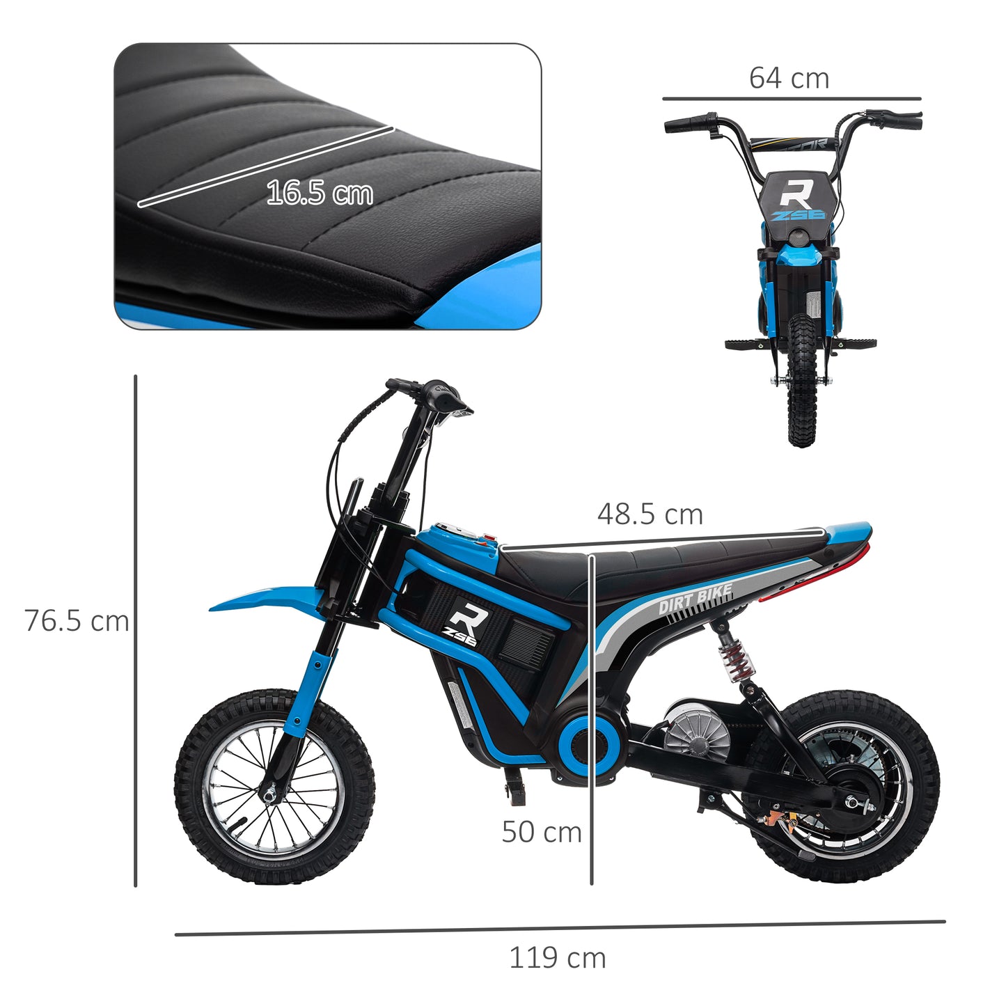 HOMCOM 24V Electric Motorbike with Twist Grip Throttle, Music, Horn, 12" Pneumatic Tyres, 16km/h Max Speed - Blue