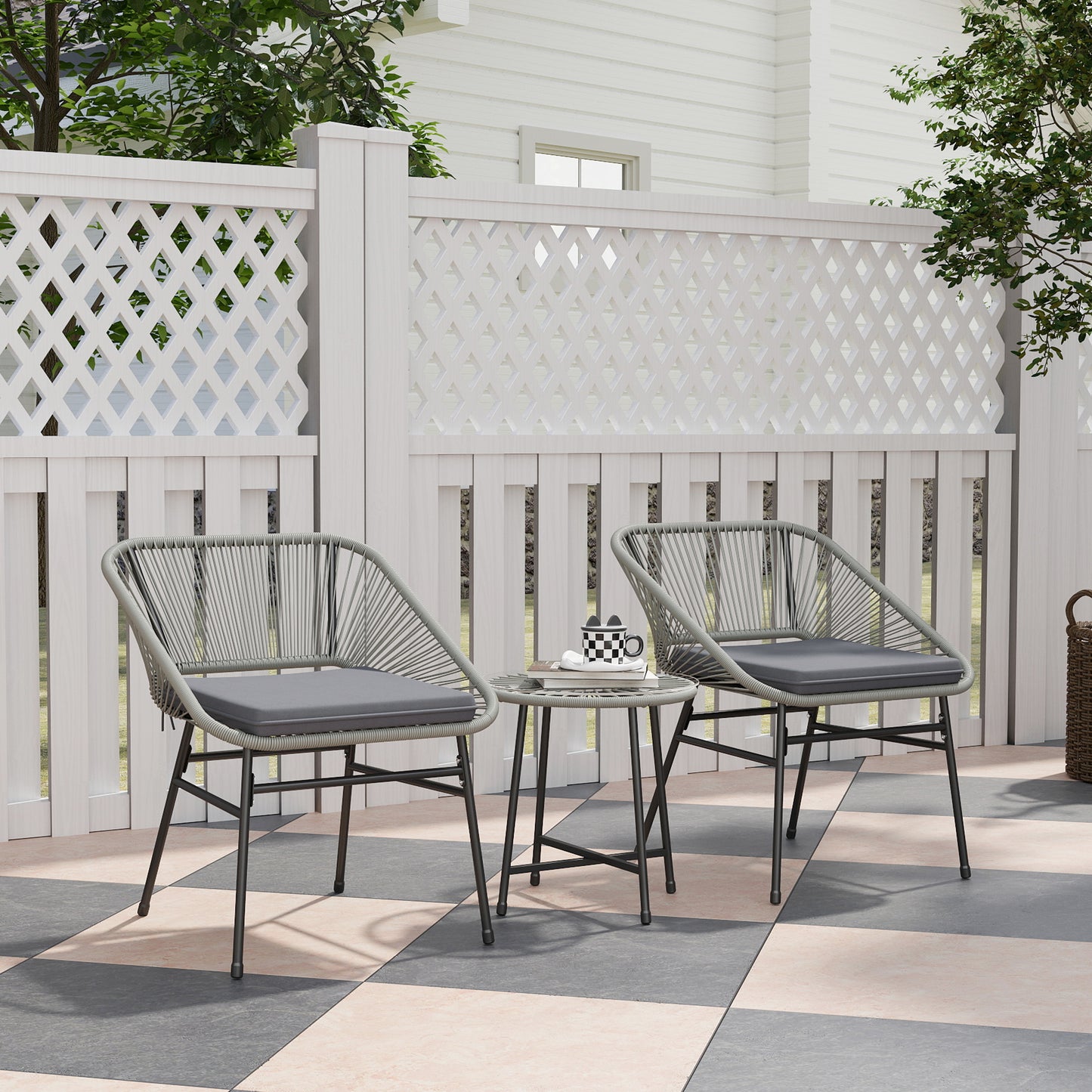 Outsunny 3-Piece Rattan Bistro Set, Garden Table & Chairs with Cushions, Glass Top, Light Grey